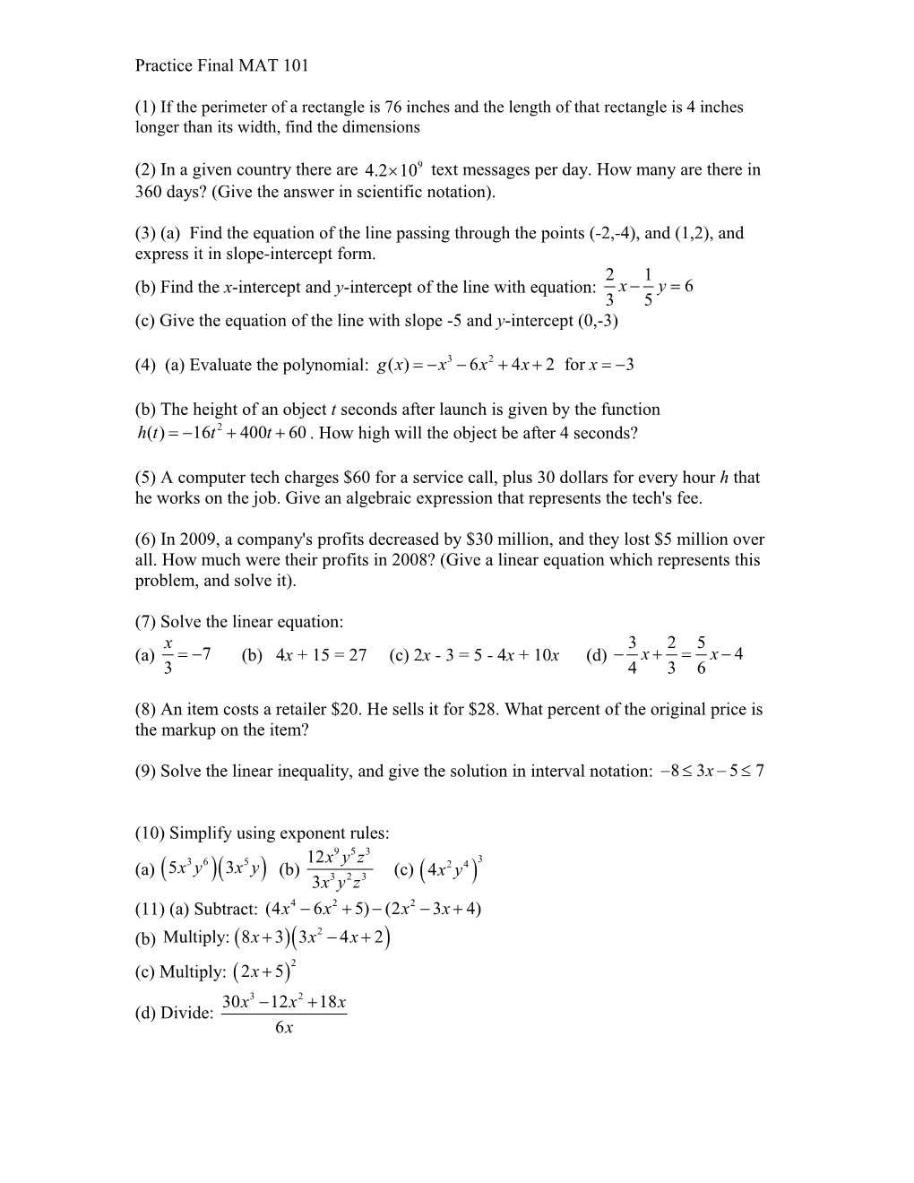 Practice Final MAT 101