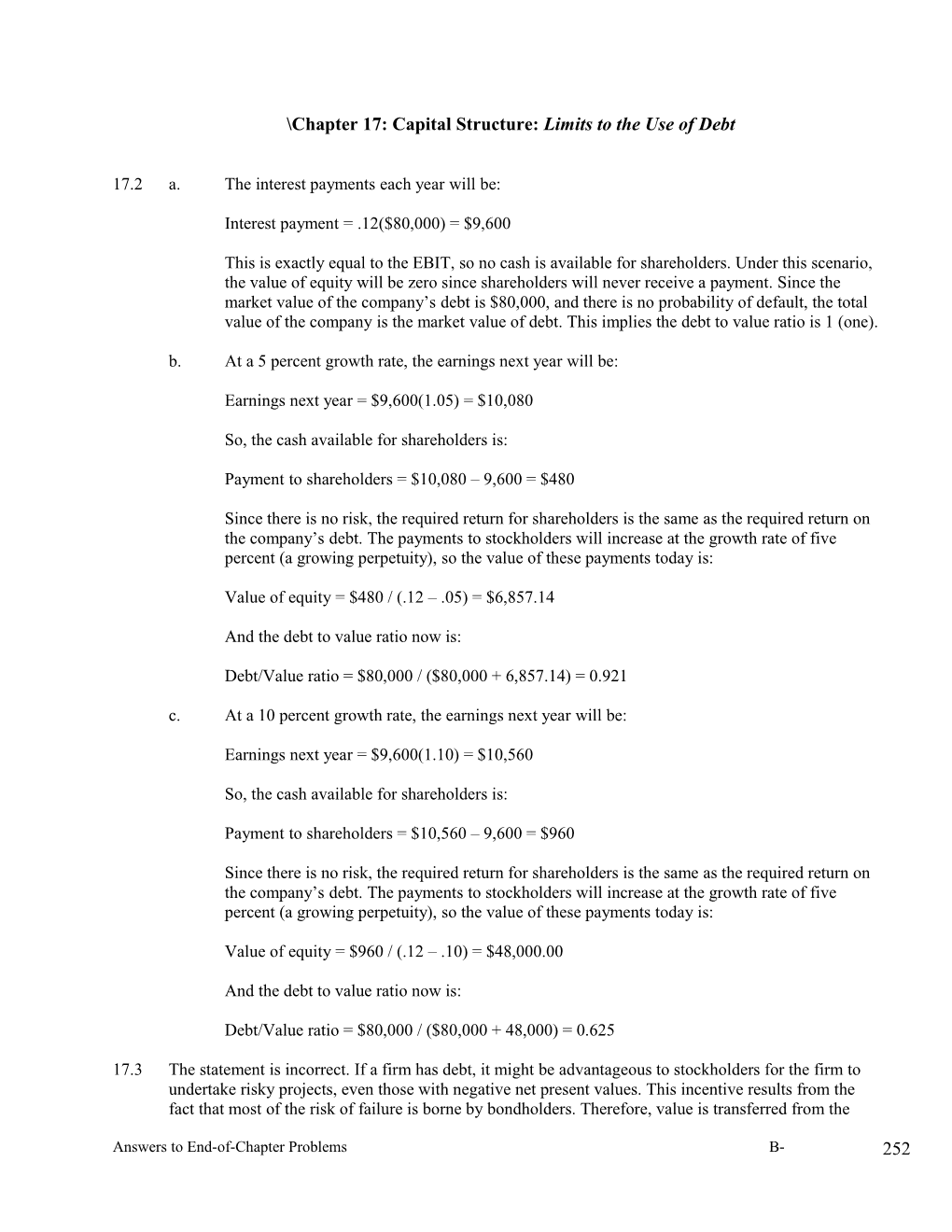 Chapter 16: Capital Structure: Limits to the Use of Debt