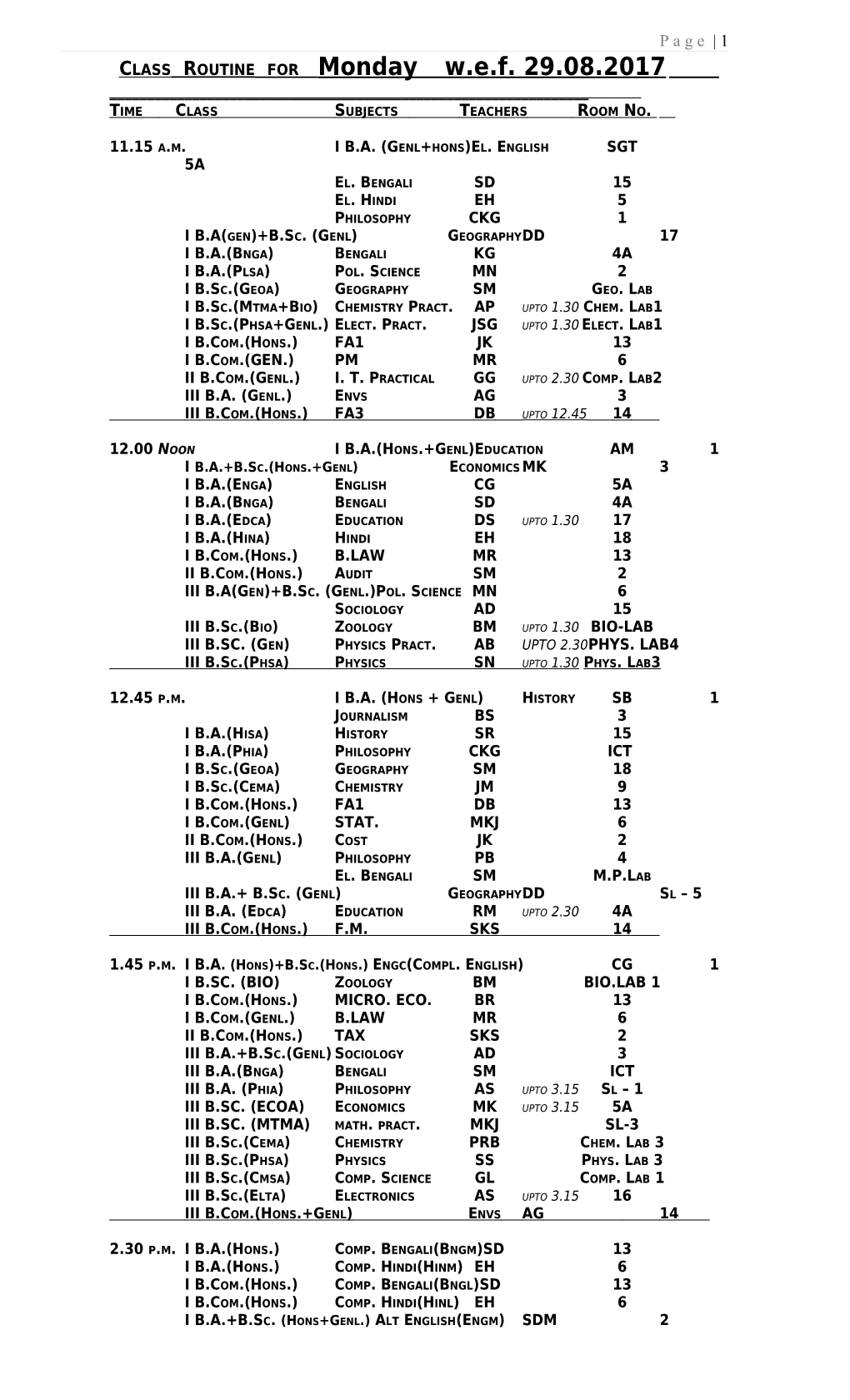 Class Routine for Monday