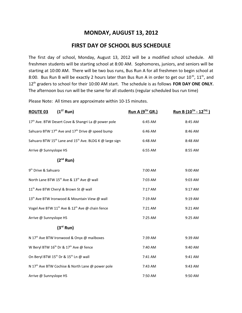 First Day of School Bus Schedule