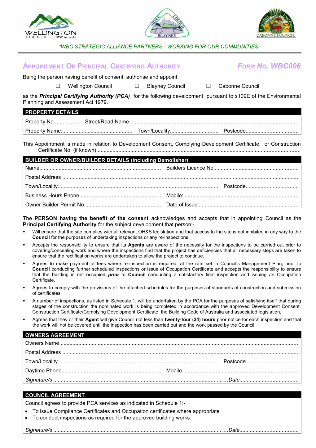 Appointment of Principal Certifying Authorityform No. WBC006
