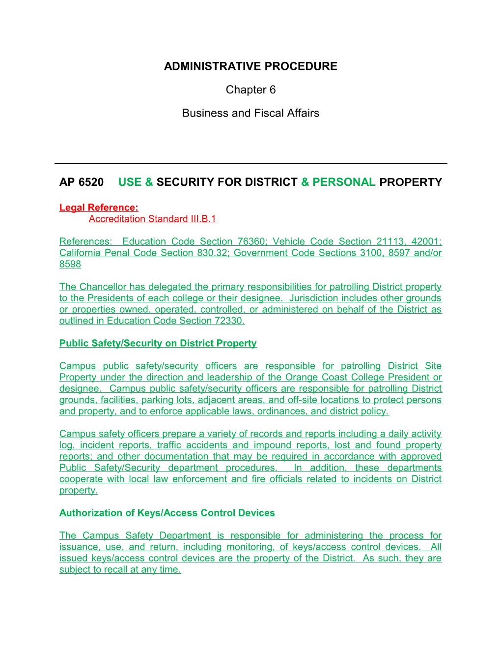 Ap 6520Use & Security for District & Personal Property