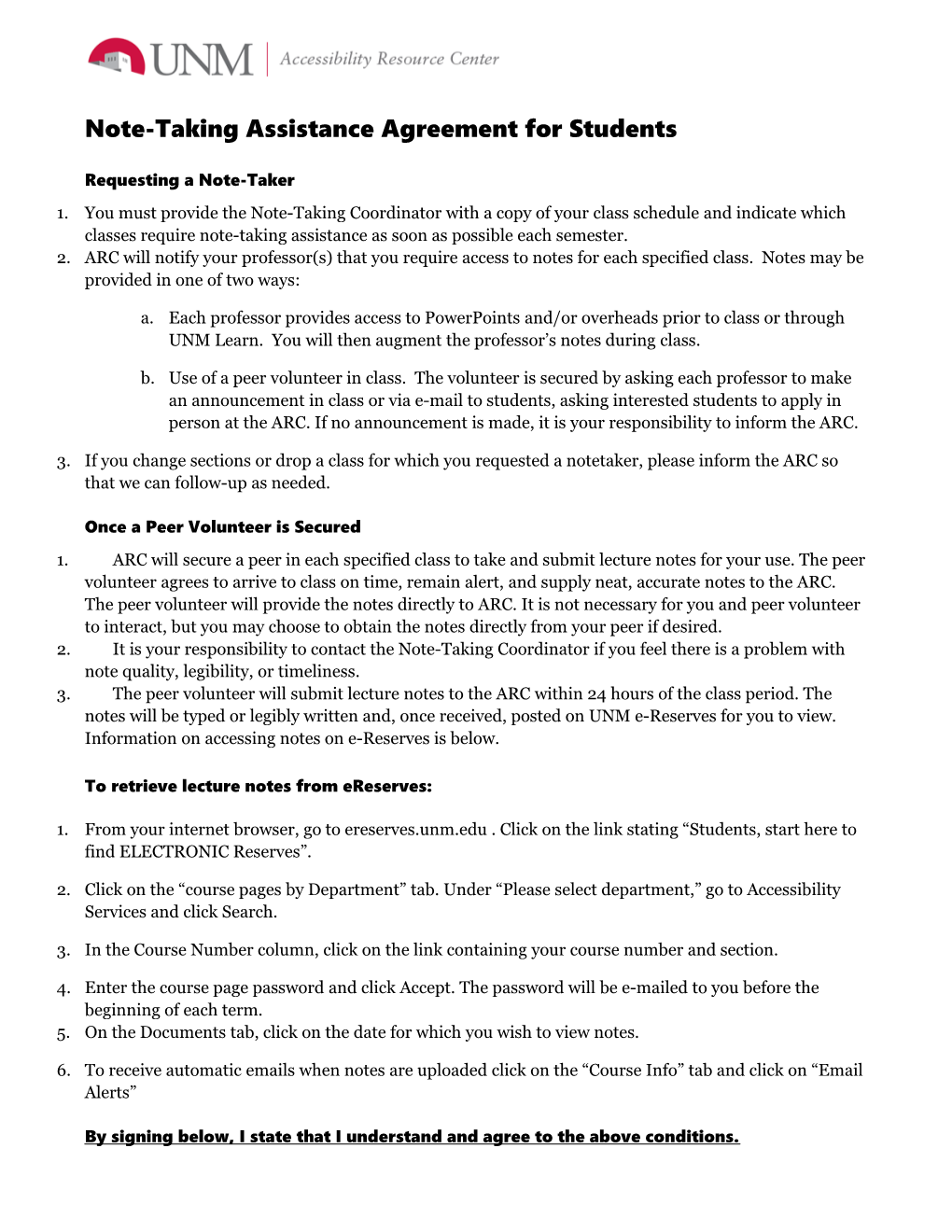 Note Taker Agreement for Students