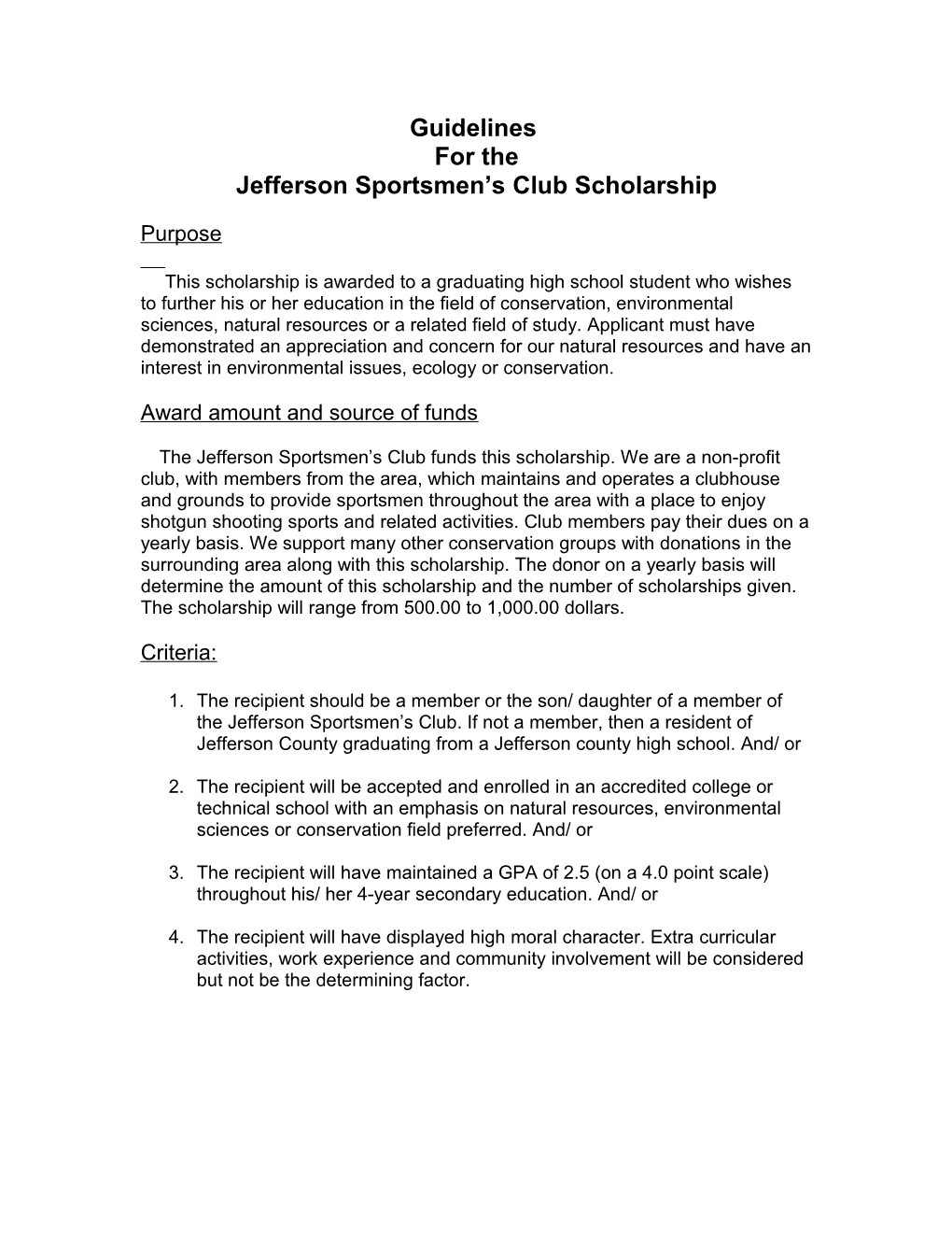 Jefferson Sportsmen S Club Scholarship