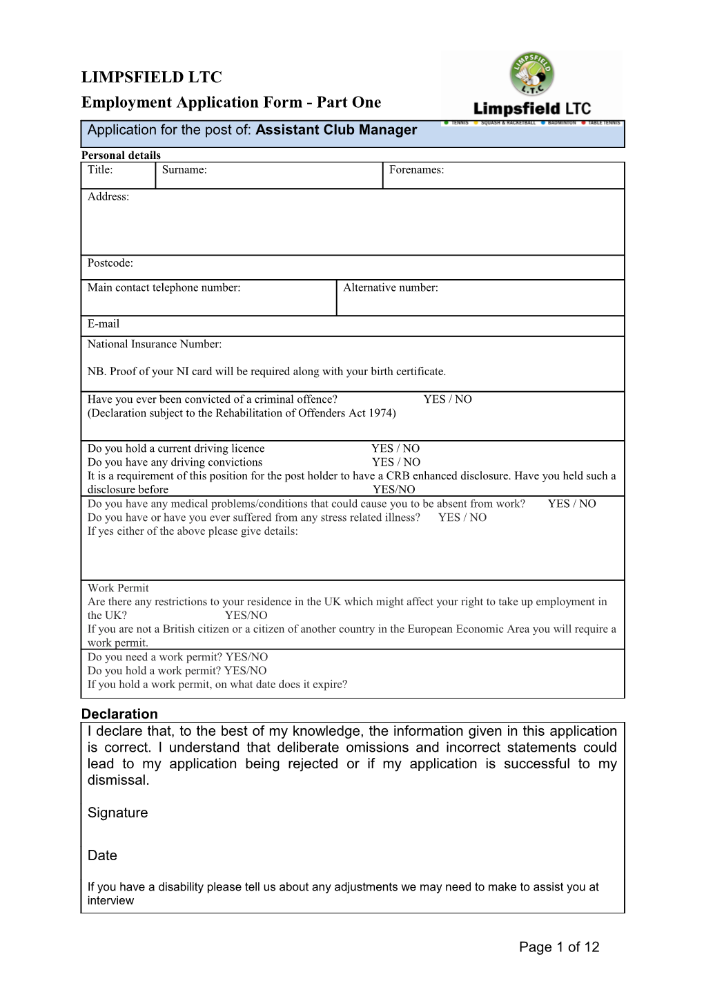 Employment Application Form - Part One