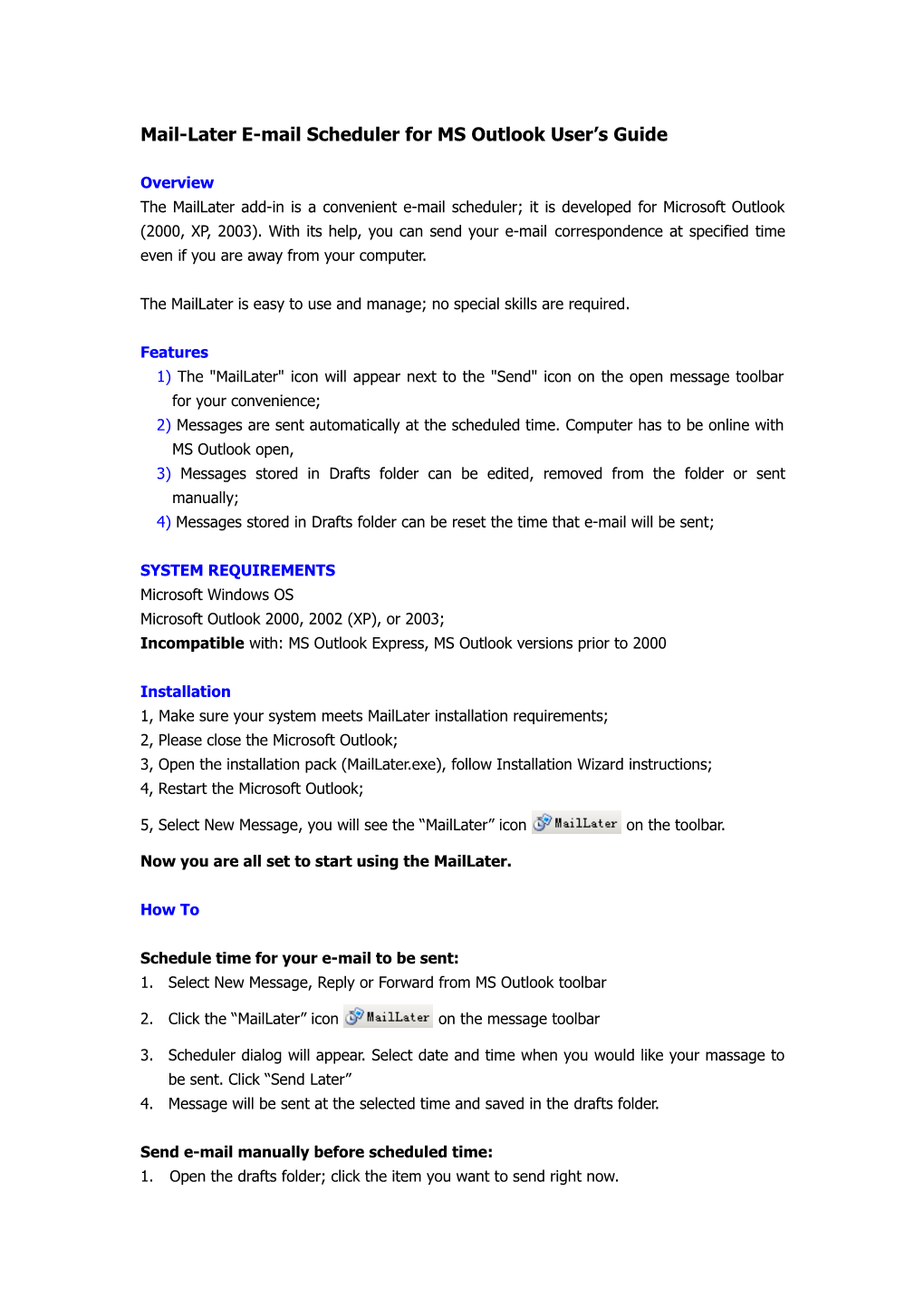 Mail-Later E-Mail Scheduler for MS Outlook User S Guide