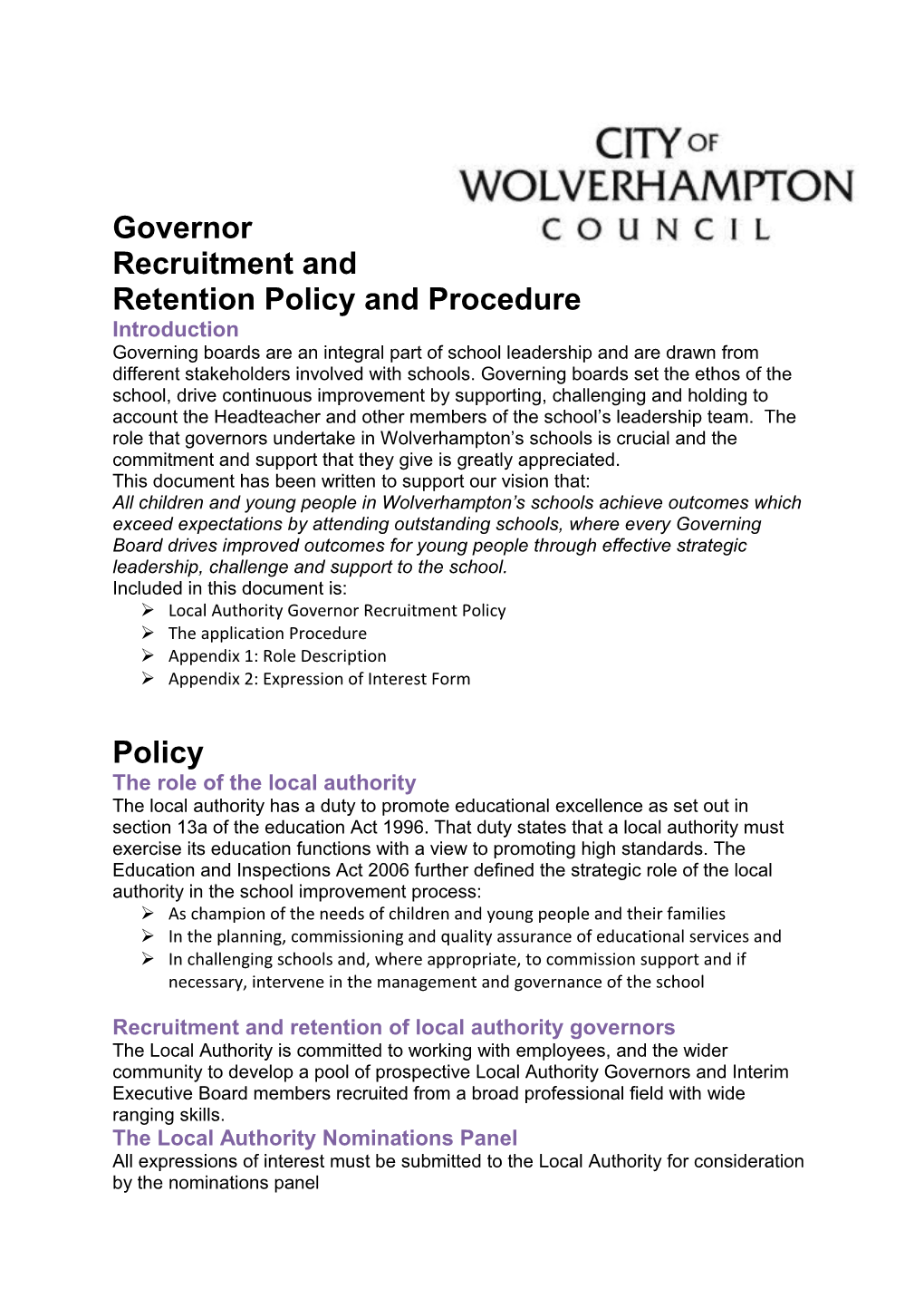 Governor Recruitment and Retention Policy and Procedure
