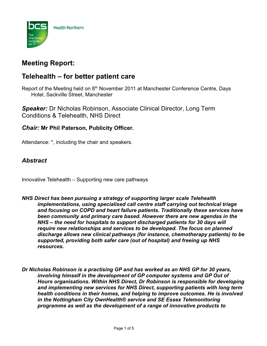 Health Informatics (Northern) Specialist Group