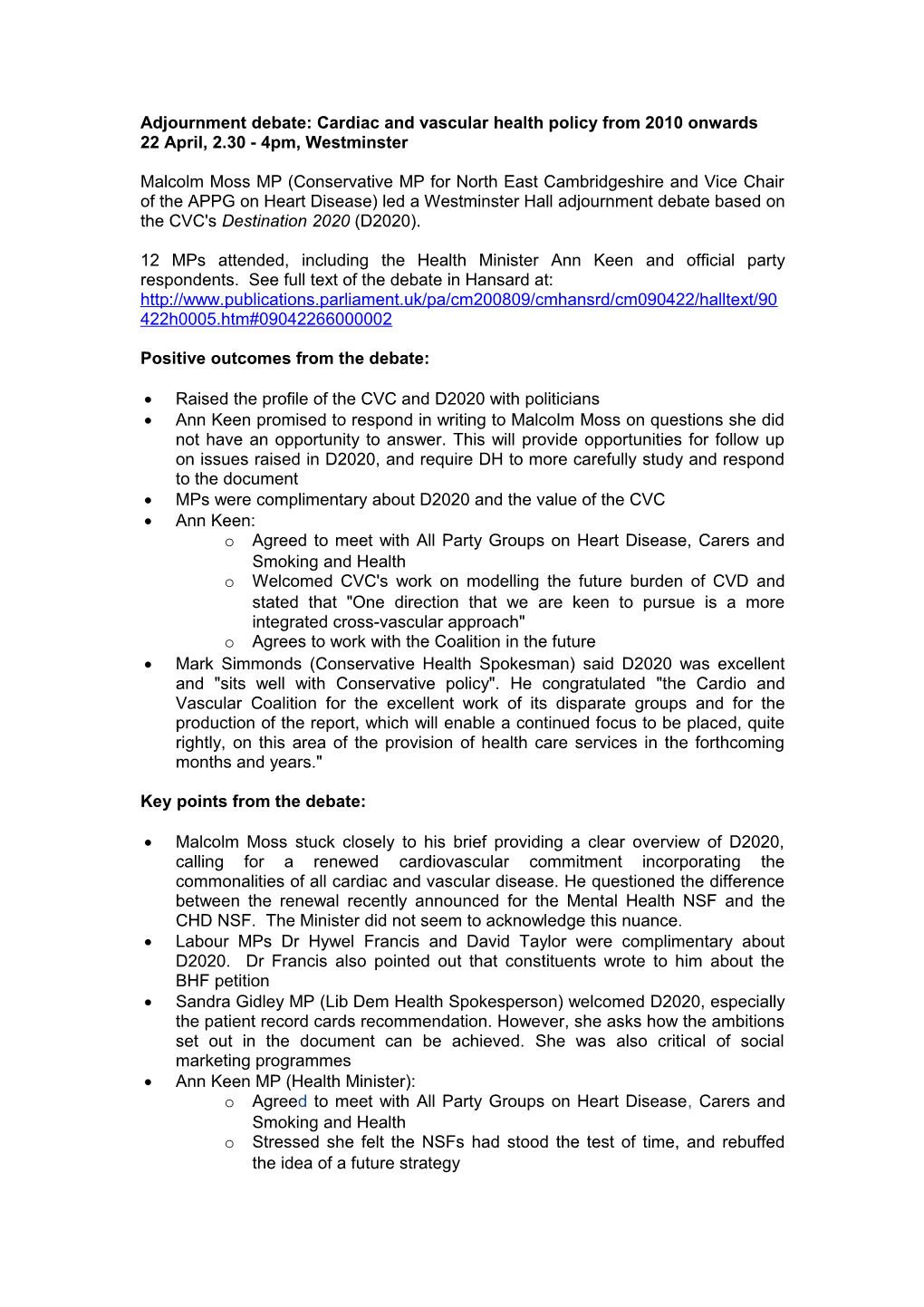 Adjournment Debate: Cardiac and Vascular Health Policy from 2010 Onwards