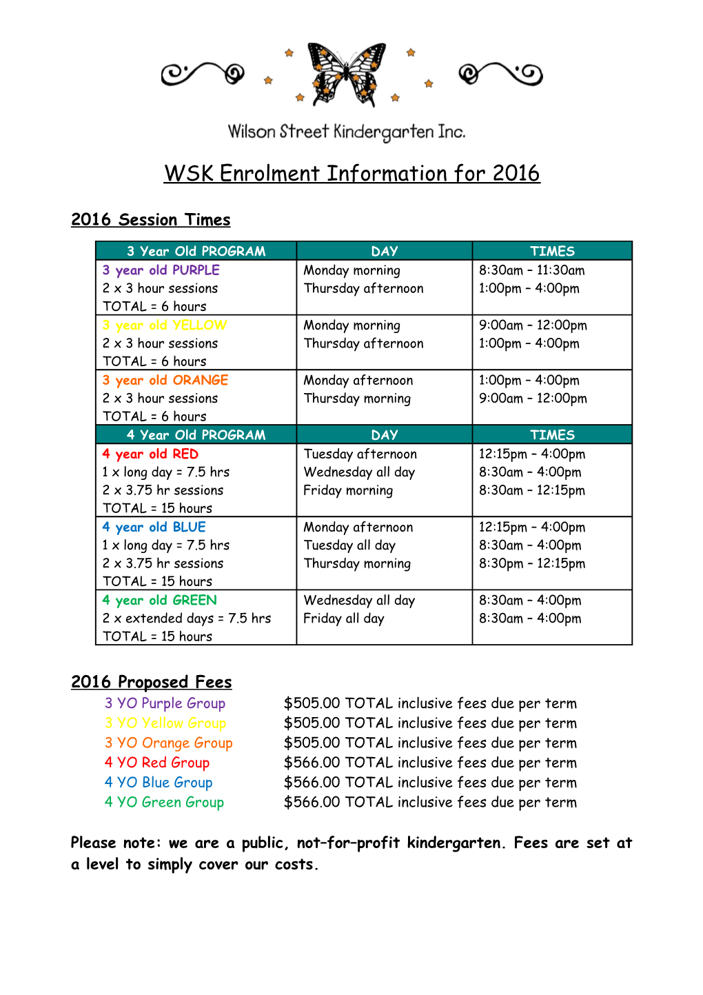 WSK Enrolment Information for 2016