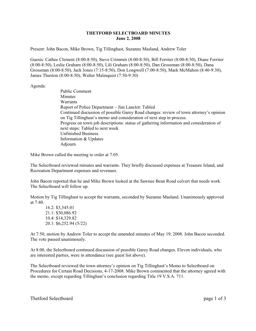 Minutes of West Fairlee Selectboard Special Meeting