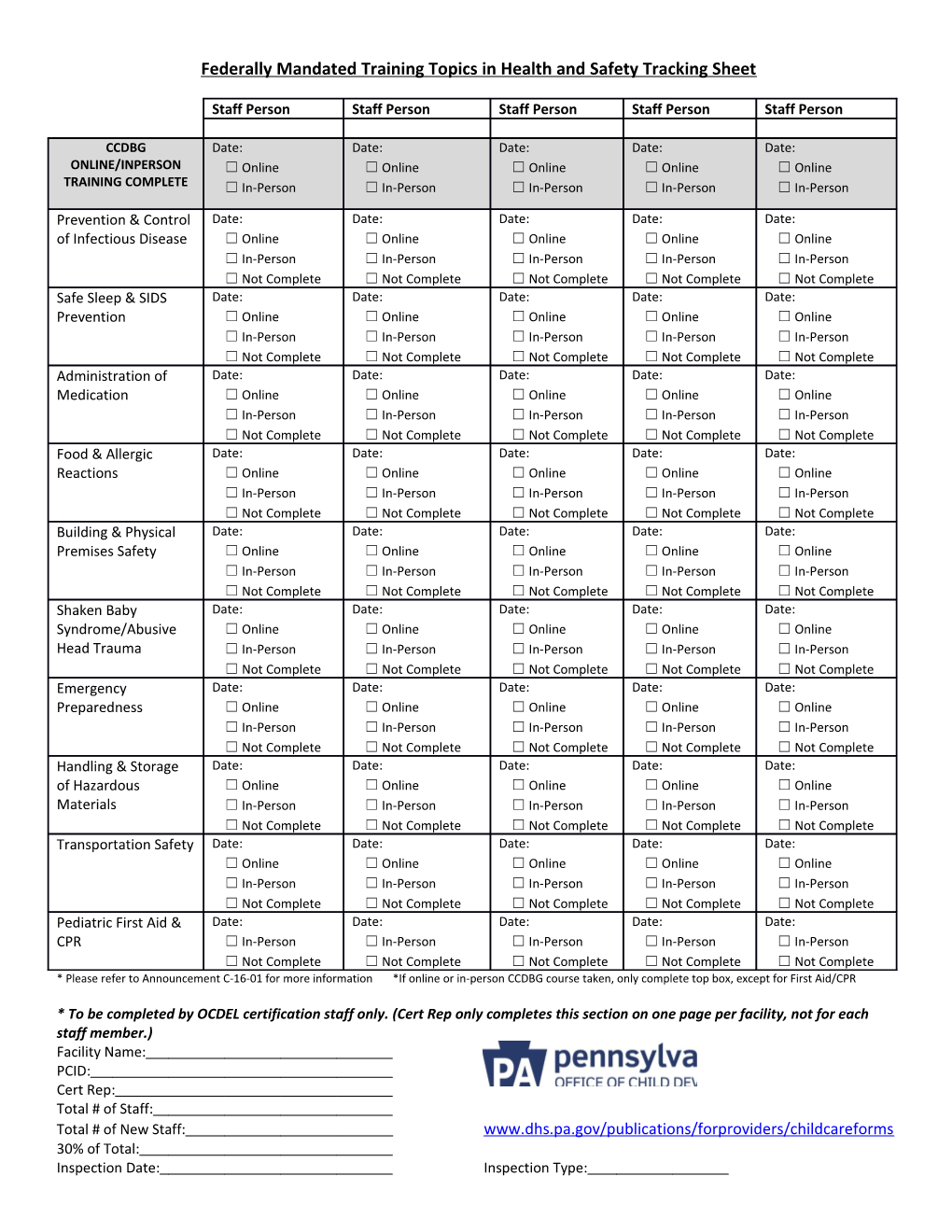 Federally Mandated Training Topics in Health and Safety Tracking Sheet