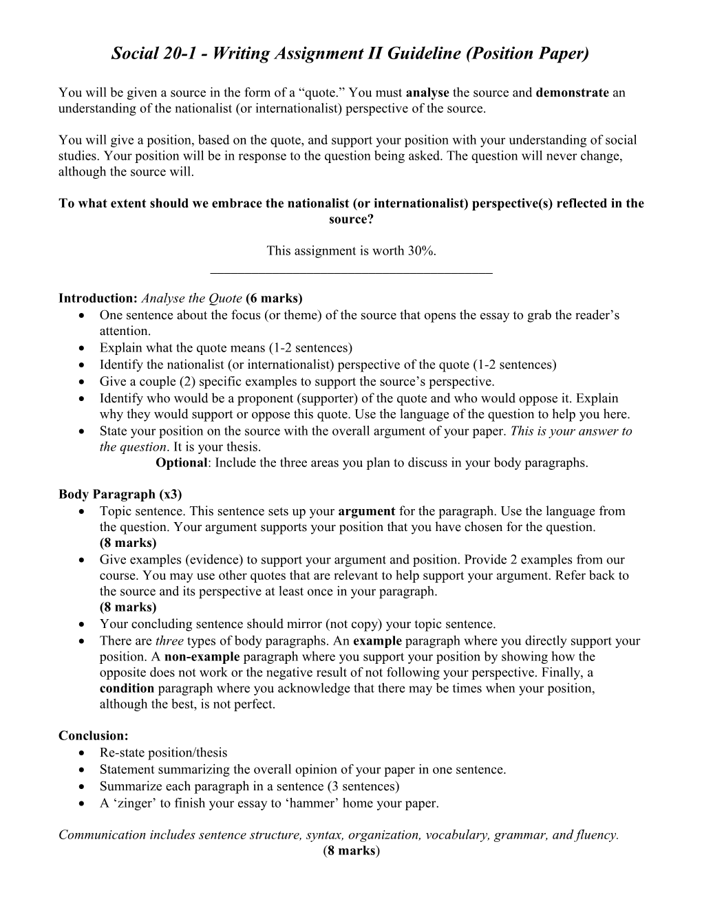 Social 20-1 - Writing Assignment II Guideline (Position Paper)