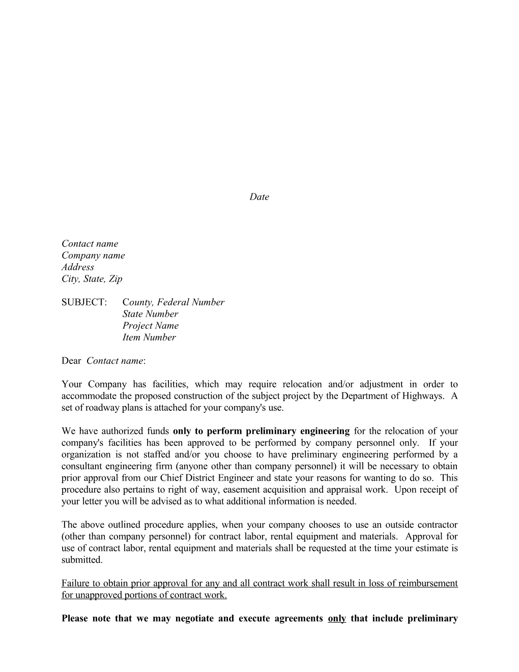 Preliminary Engineering Project Authorization (State) Letter