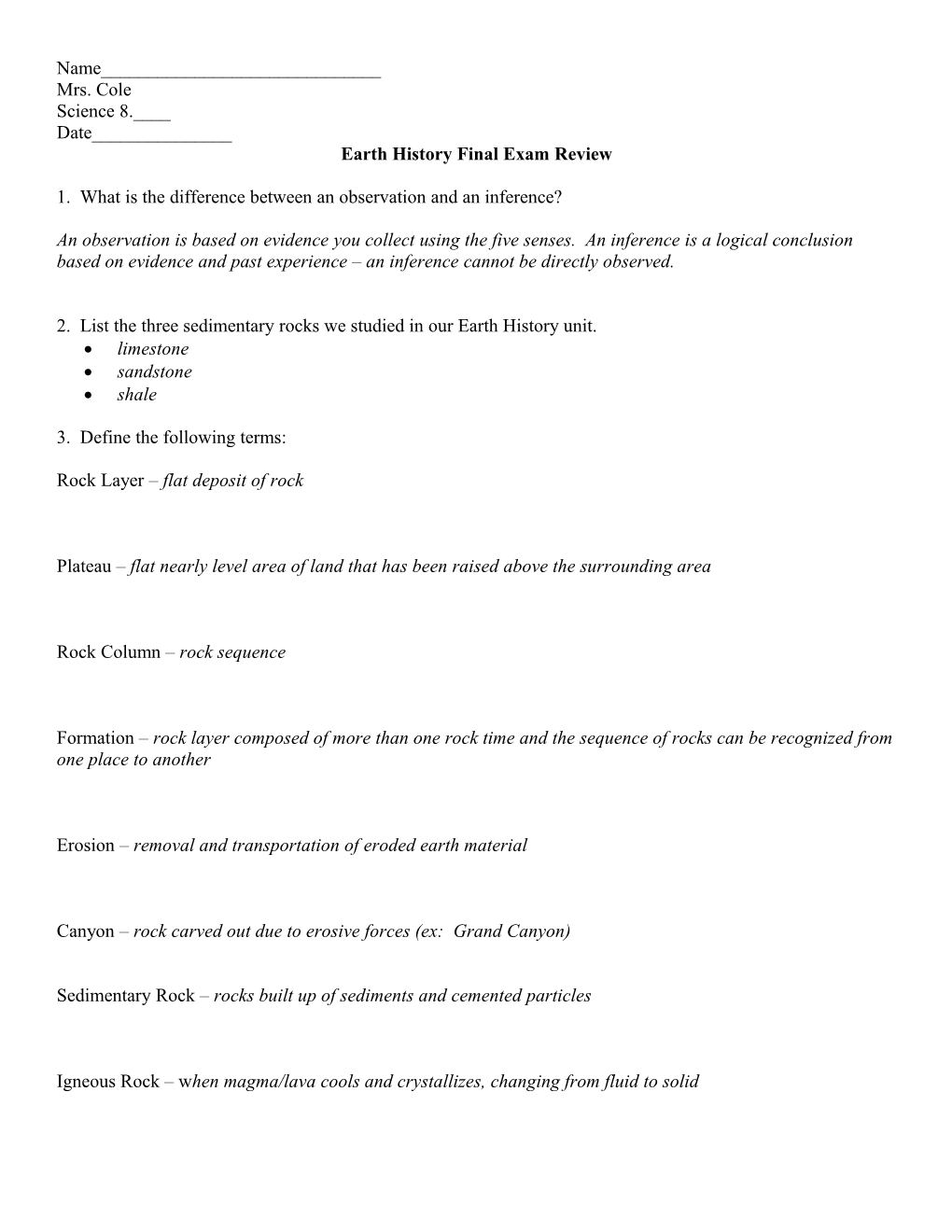 Earth History Final Exam Review