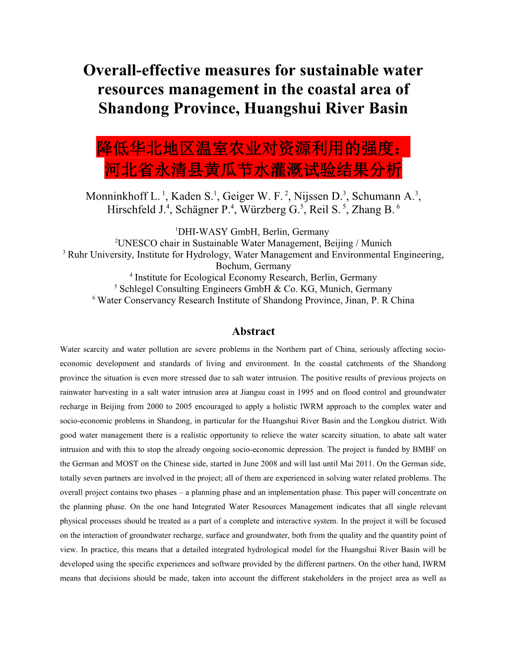 Overall-Effective Measures for Sustainable Water Resources Management in the Coastal Area