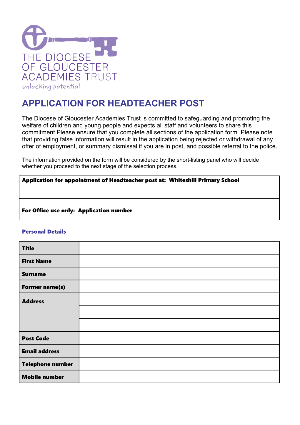 Application for Headteacher Post