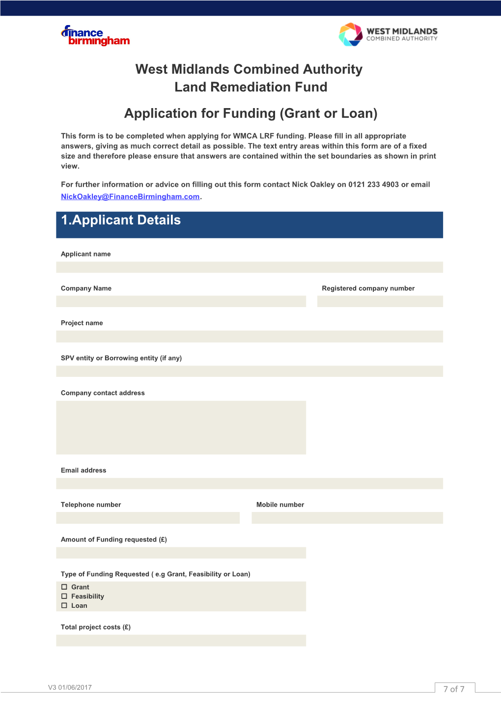 Application for Funding (Grant Or Loan)