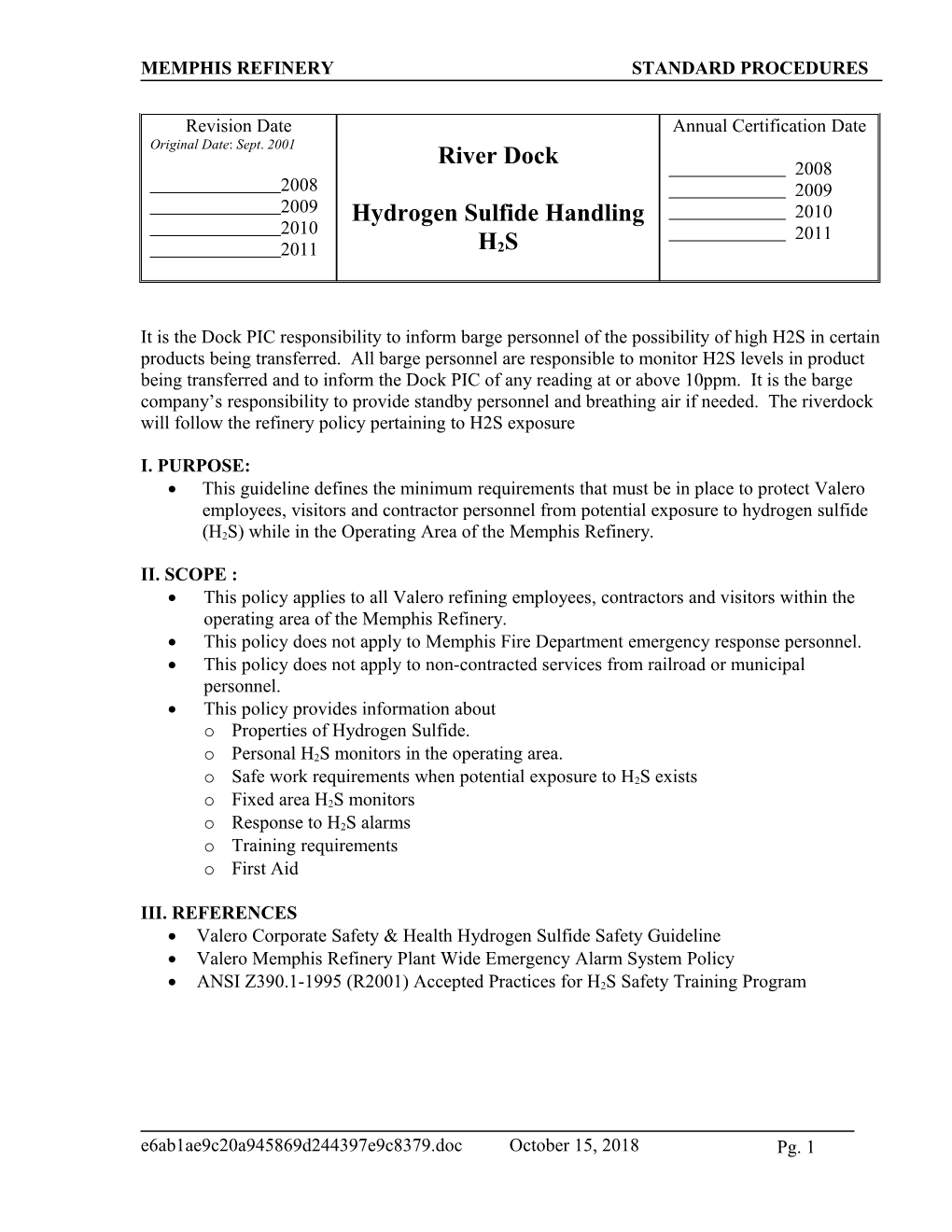 Memphis Refinerystandard Procedures