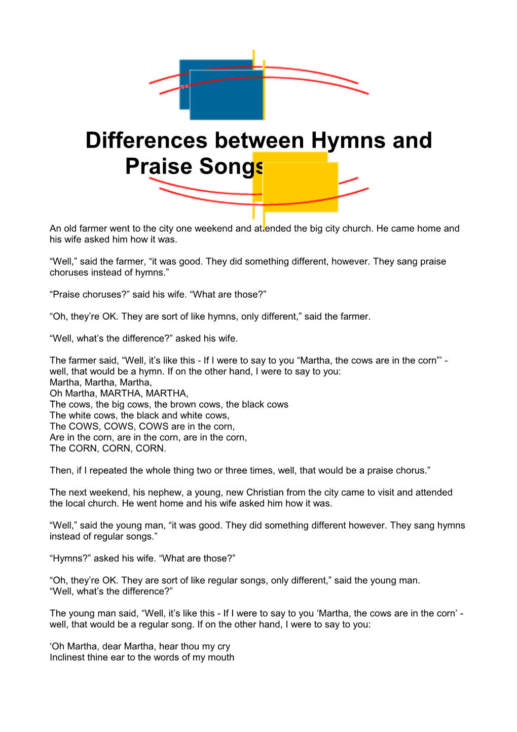 Differences Between Hymns and Praise Songs