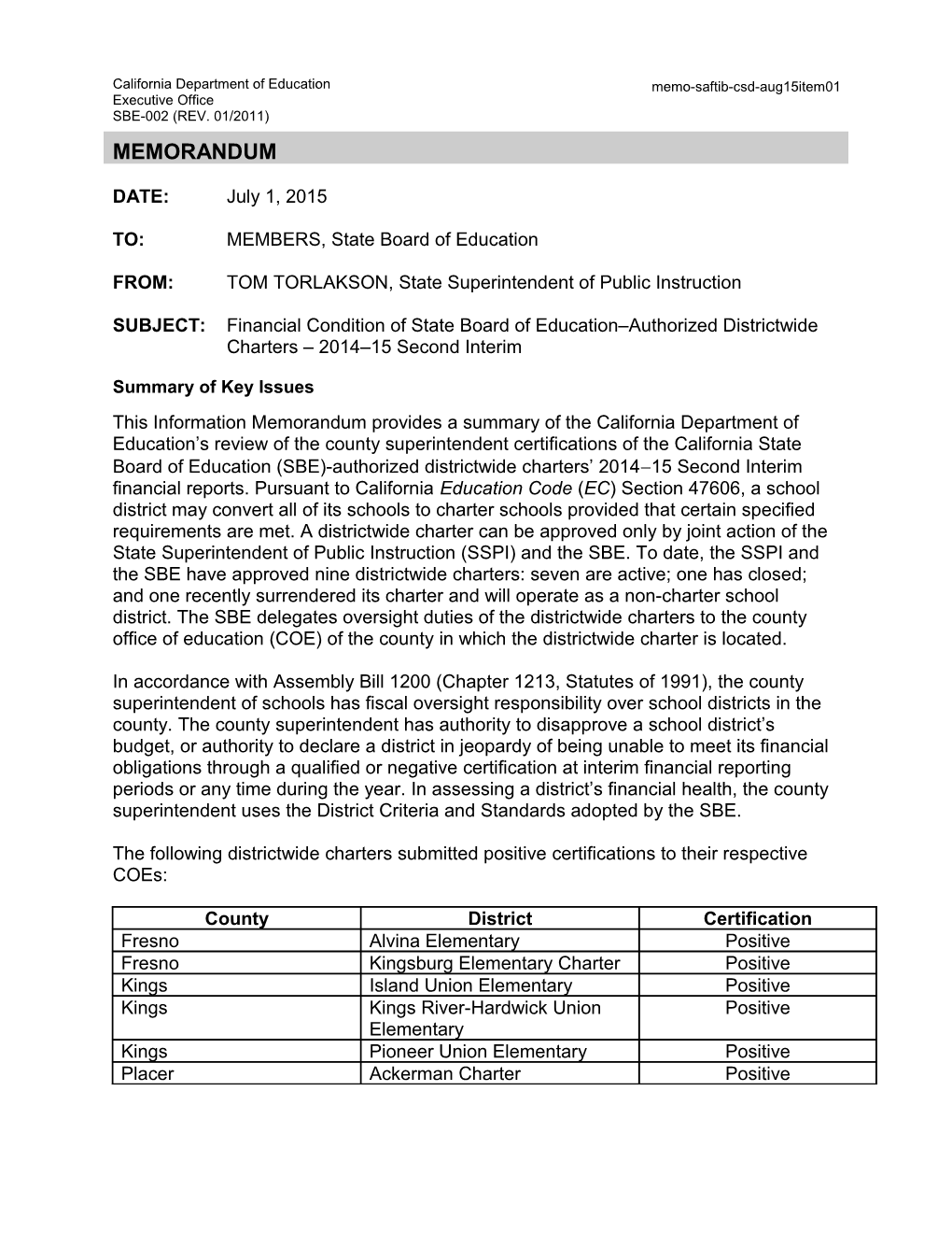 August 2015 Memo SAFTIB CSD Item 01 - Information Memorandum (CA State Board of Education)