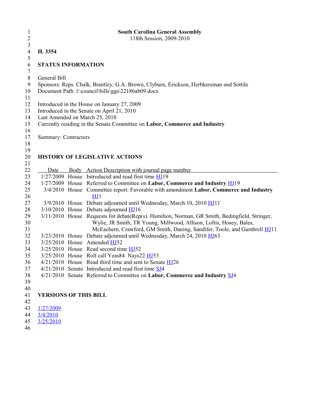 2009-2010 Bill 3354: Contractors - South Carolina Legislature Online