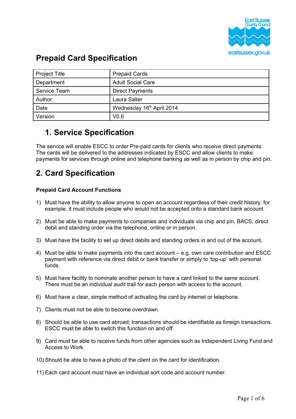 Pre-Paid Card - Project Specification