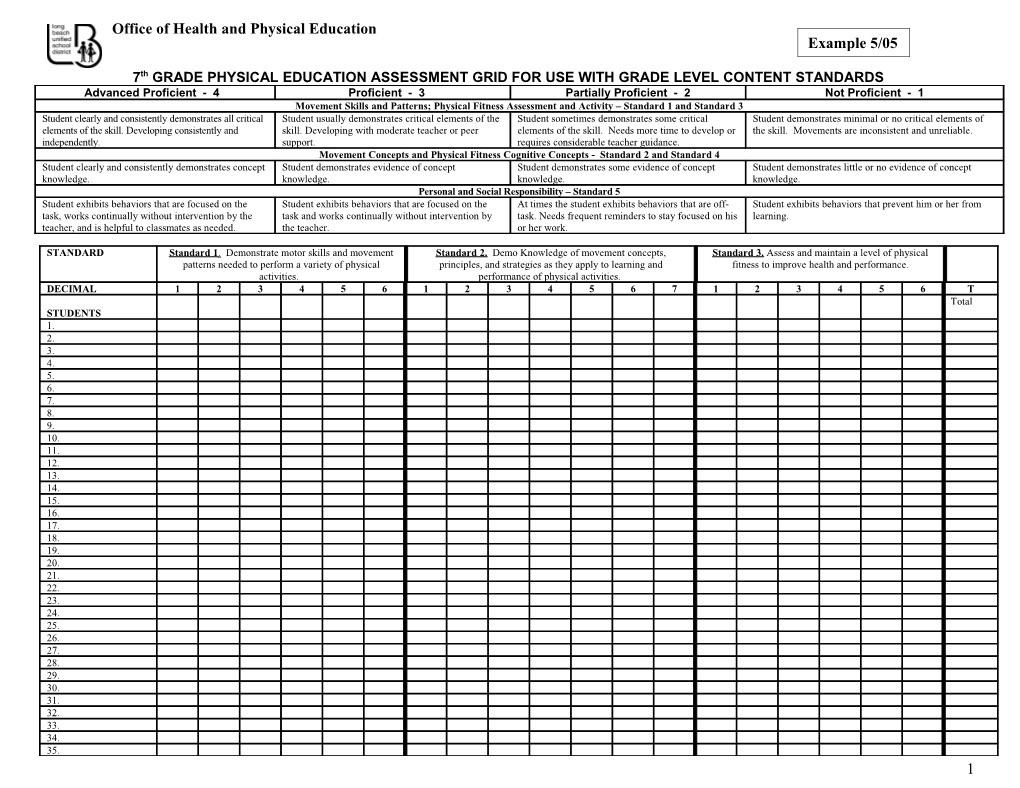 7Th GRADE PHYSICAL EDUCATION ASSESSMENT GRID for USE with GRADE LEVEL CONTENT STANDARDS