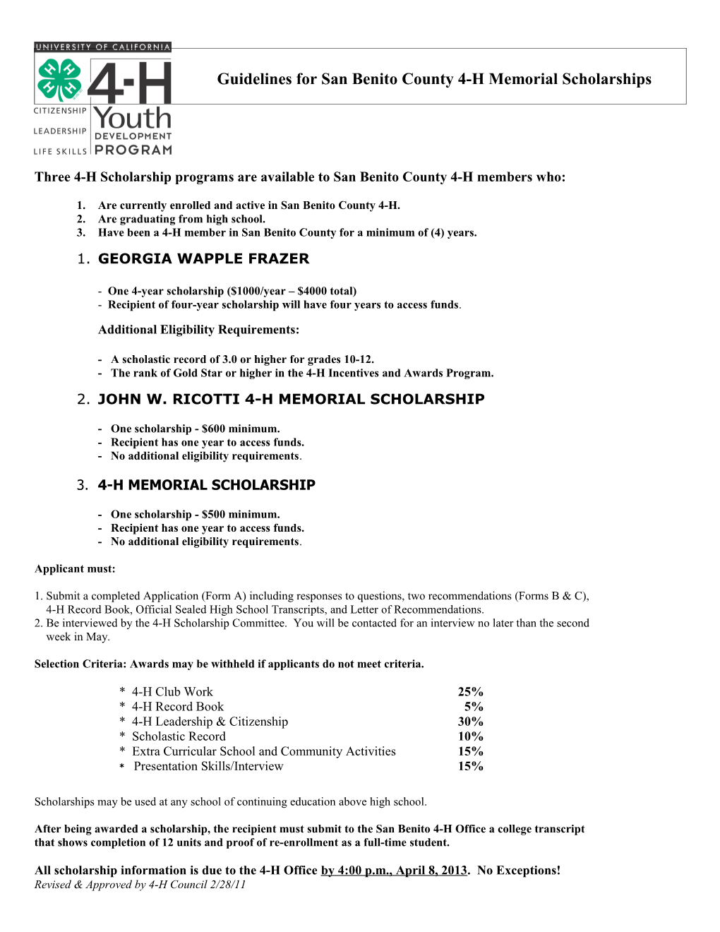 Guidelines for San Benito County 4-H Memorial Scholarships