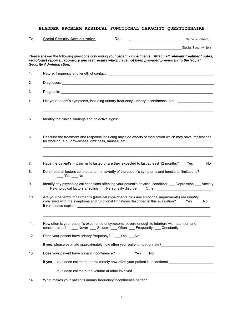 Bladder Problem Residual Functional Capacity Questionnaire