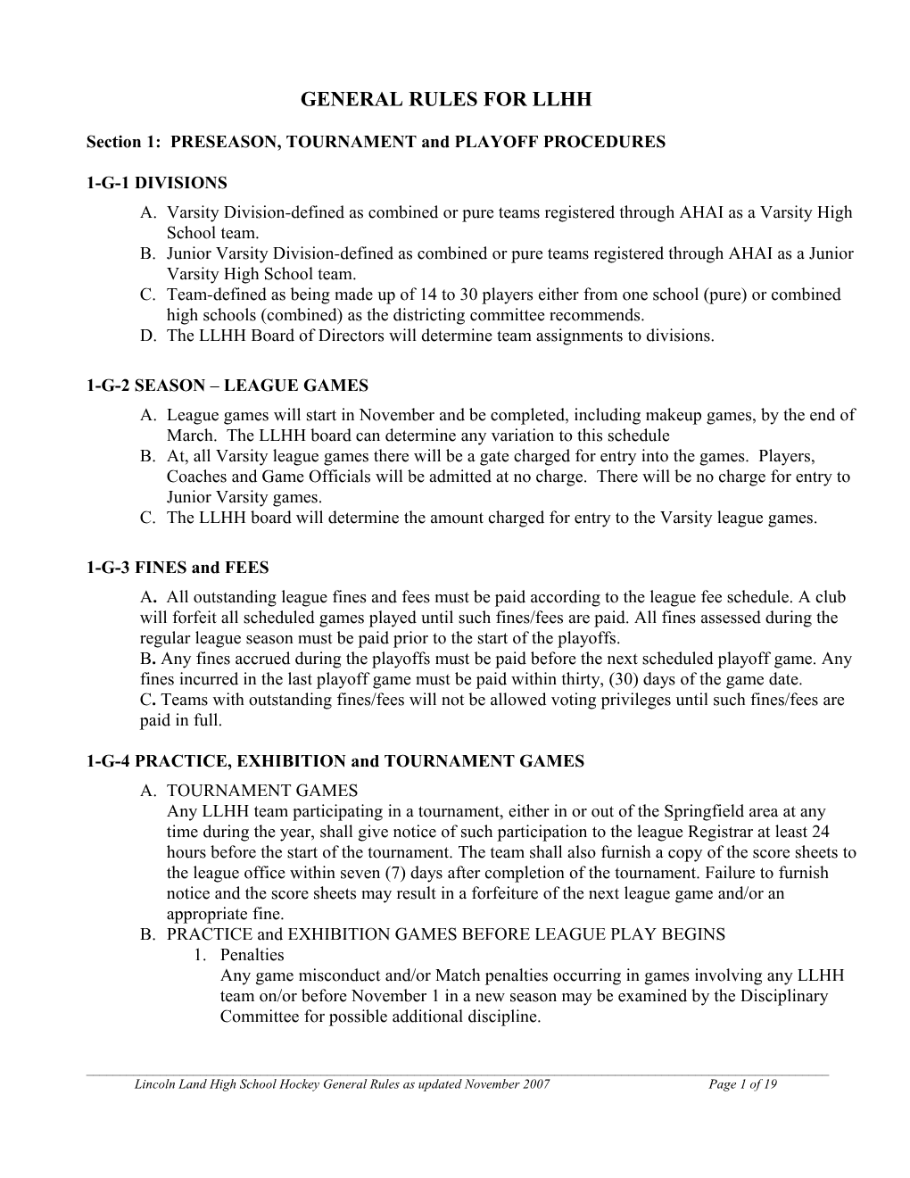 Section 1: PRESEASON, TOURNAMENT and PLAYOFF PROCEDURES