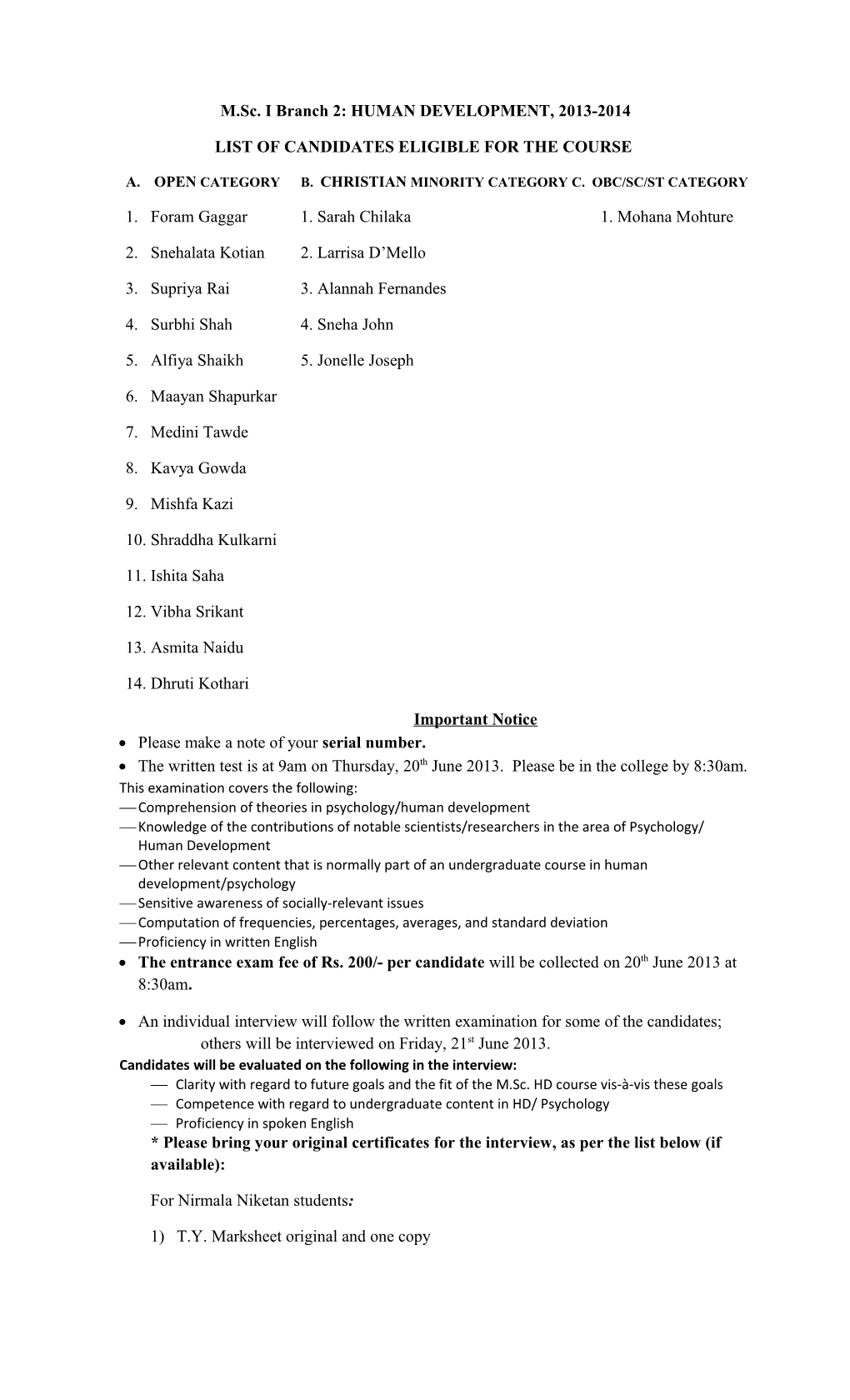List of Candidates Eligible for the Course