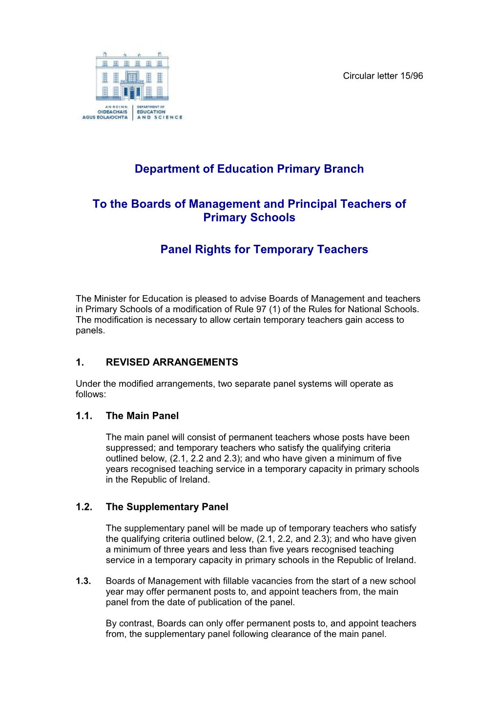 Primary Circular 15/96 Panel Rights for Temporary Teachers (Word Format 31KB)