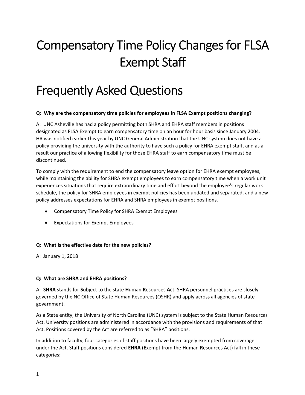 Compensatory Time Policy Changes for FLSA Exempt Staff