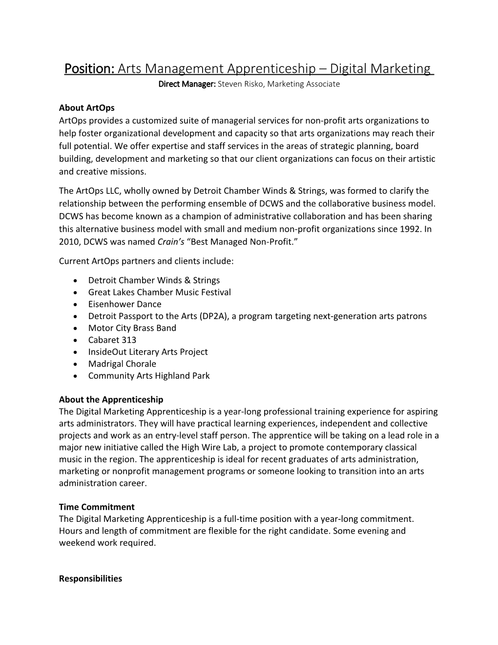 Position: Arts Management Apprenticeship Digital Marketing