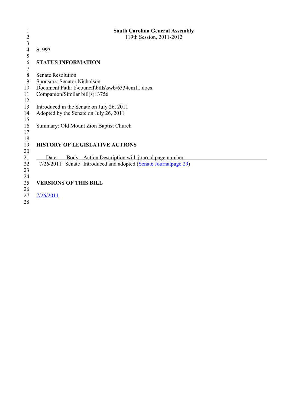 2011-2012 Bill 997: Old Mount Zion Baptist Church - South Carolina Legislature Online
