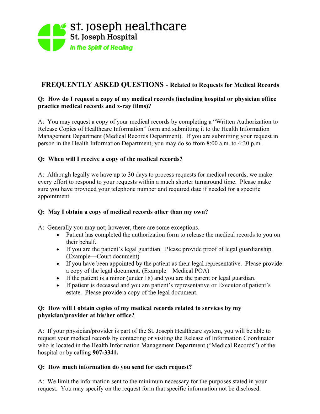 FREQUENTLY ASKED QUESTIONS - Related to Requests for Medical Records