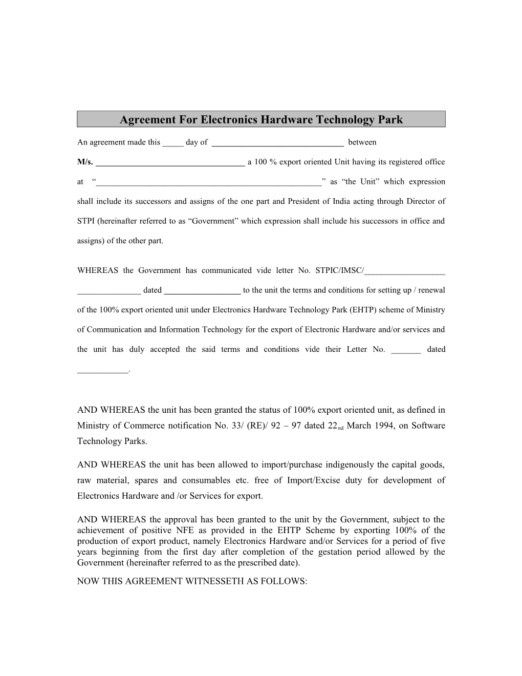 Agreement for Electronics Hardware Technology Park