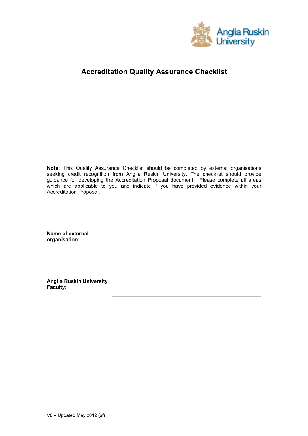Quality Assurance Check List for Organisations Seeking Credit Recognition Agreement
