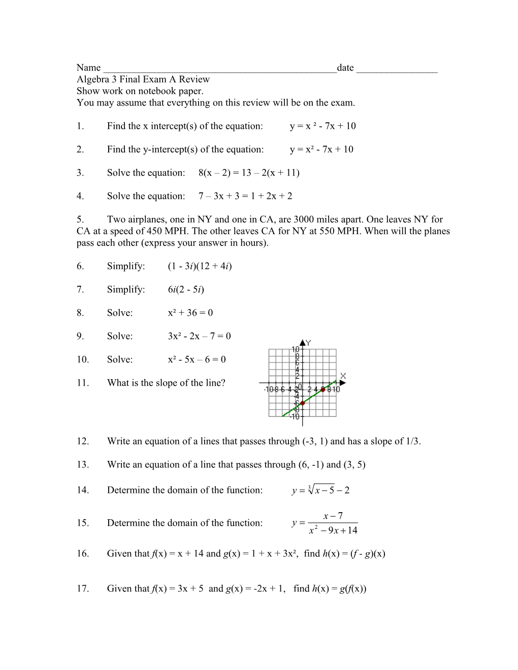 Algebra 3 Final Exam a Review