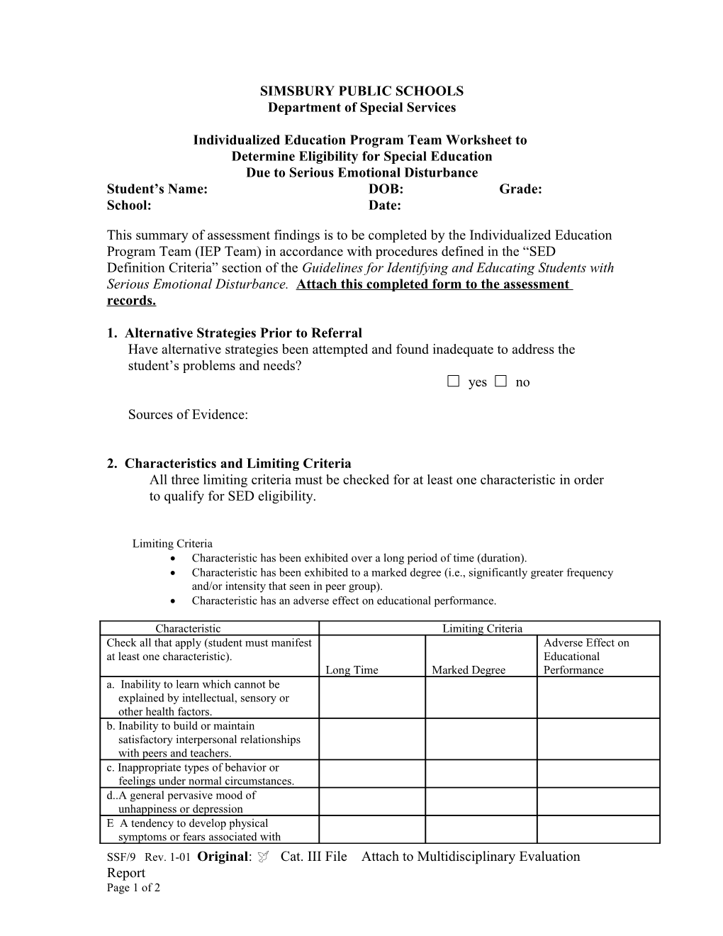 Individualized Education Progrma Team Worksheet To