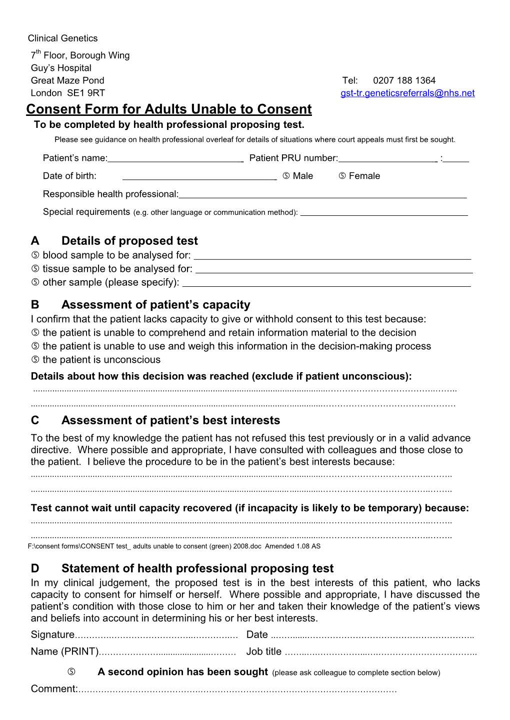 Consent Form for Adults Unable to Consent