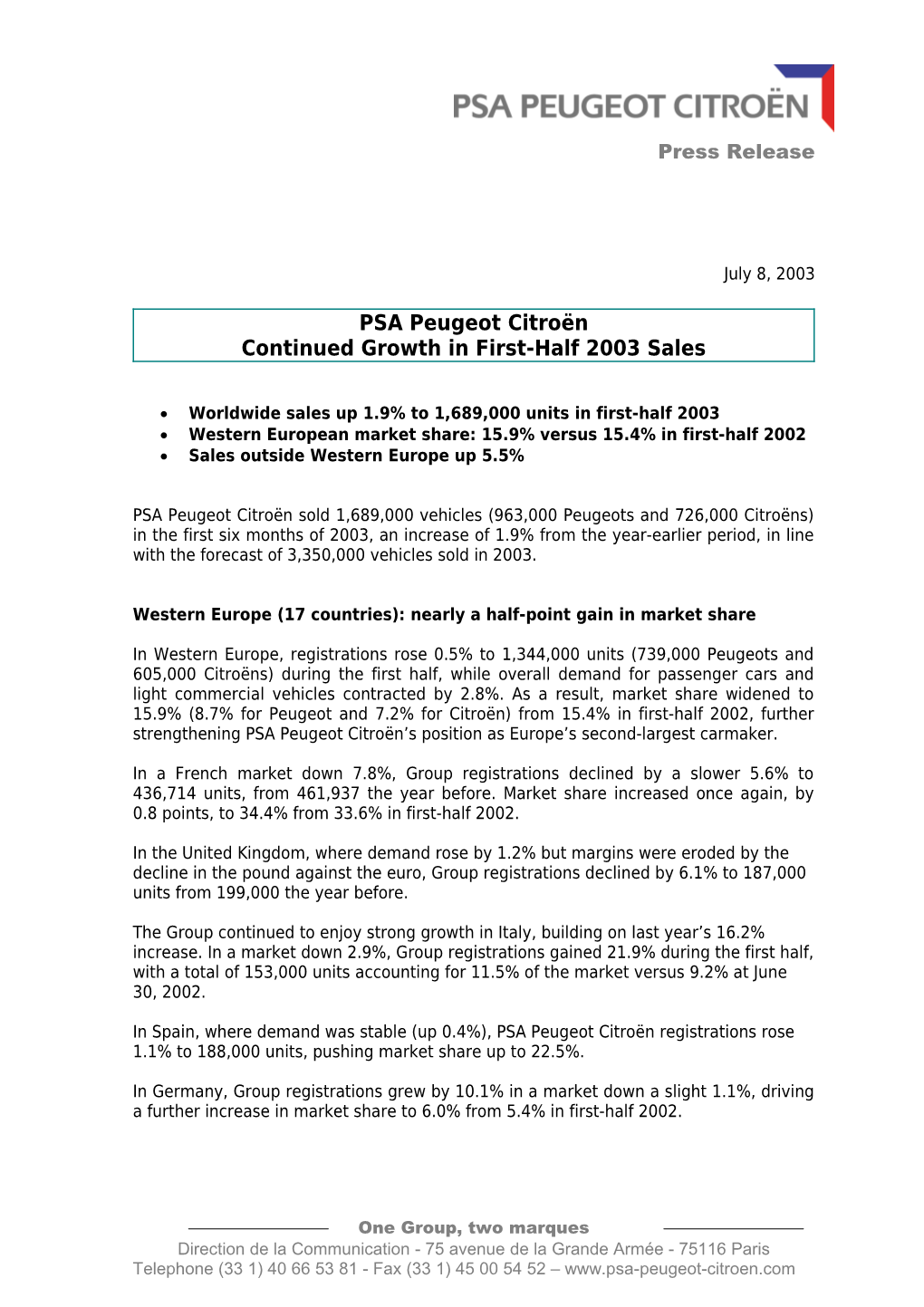 PSA Peugeot Citroën Continued Growth in First-Half 2003 Sales