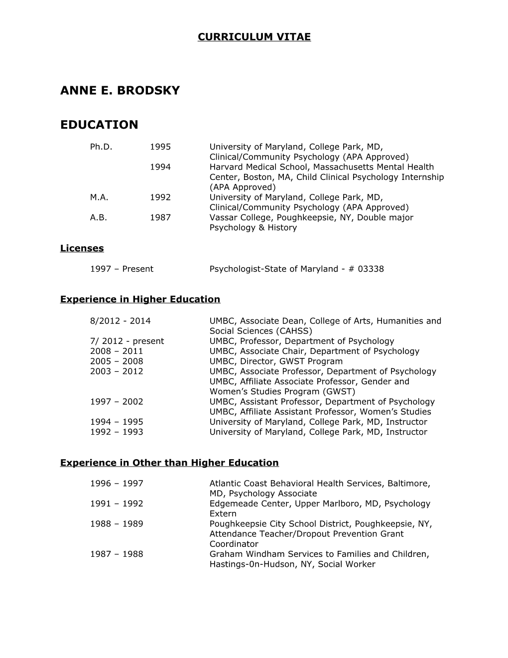 Anne E. Brodsky1 Curriculum Vitae