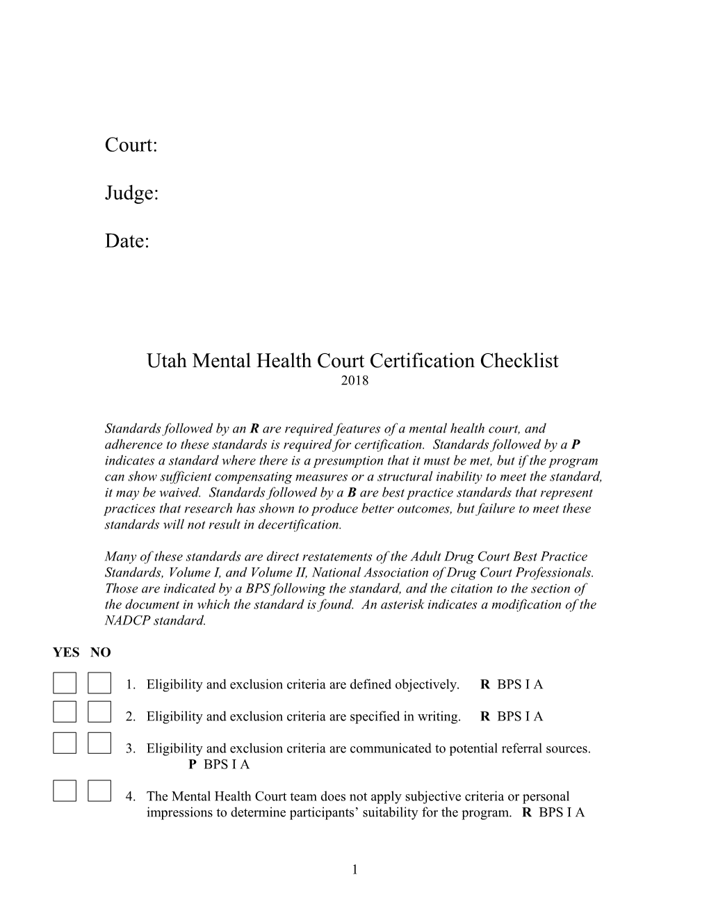 Utah Mental Health Court Certification Checklist - 2018