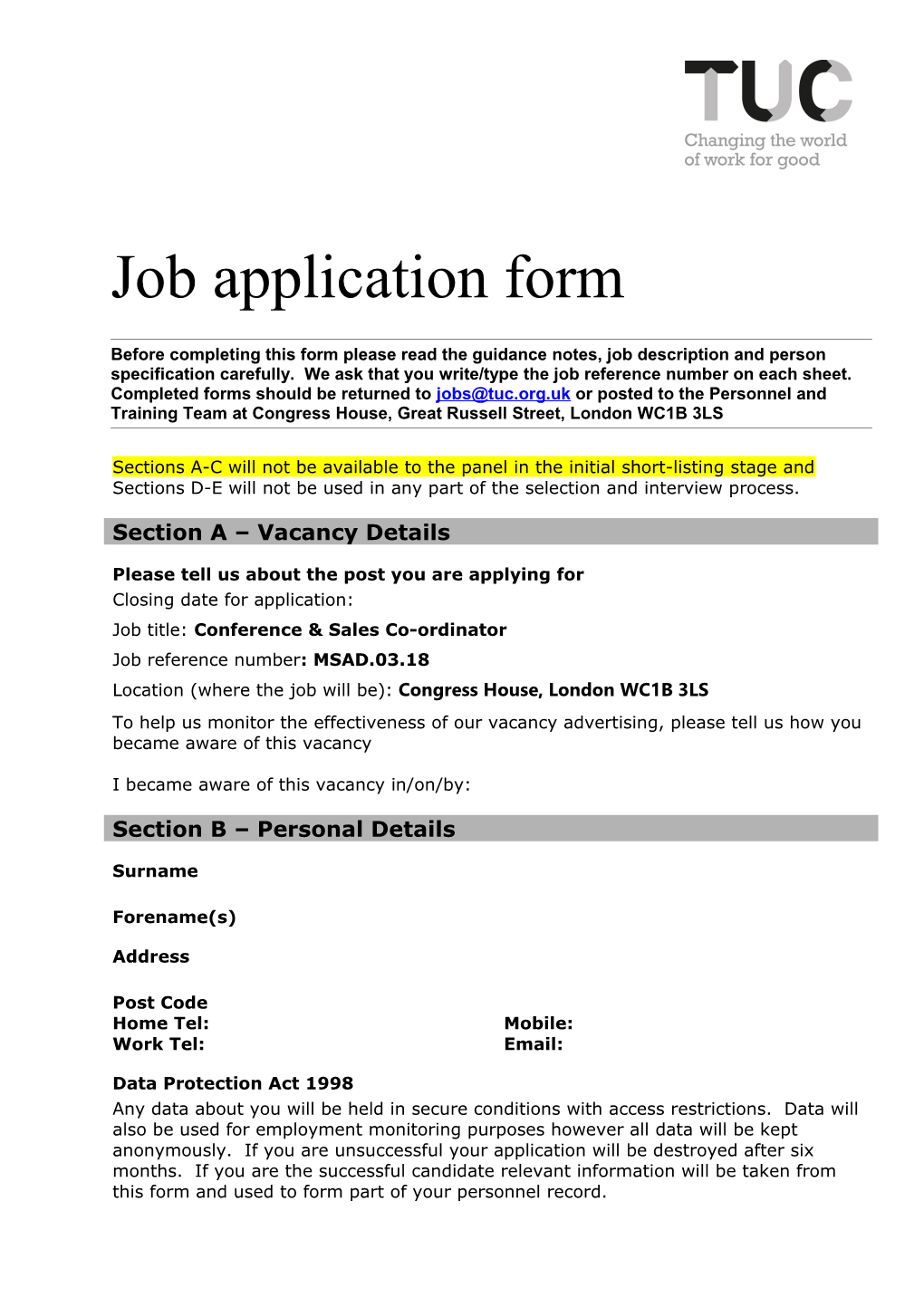 Job Application Form Job Reference No
