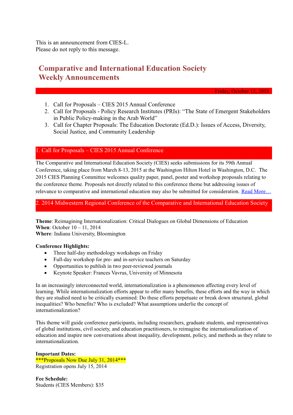 Call for Proposals CIES 2015 Annual Conference