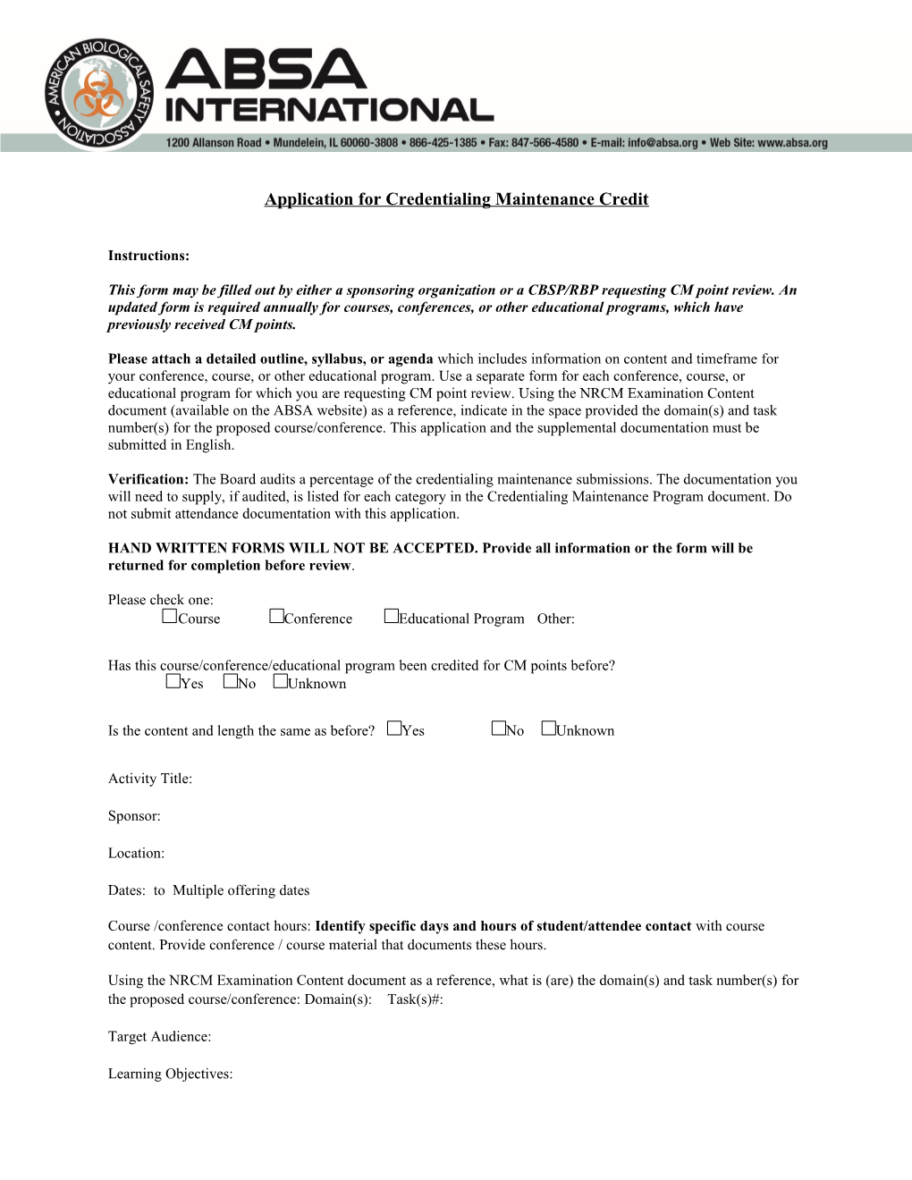 Application for Credentialing Maintenance Credit
