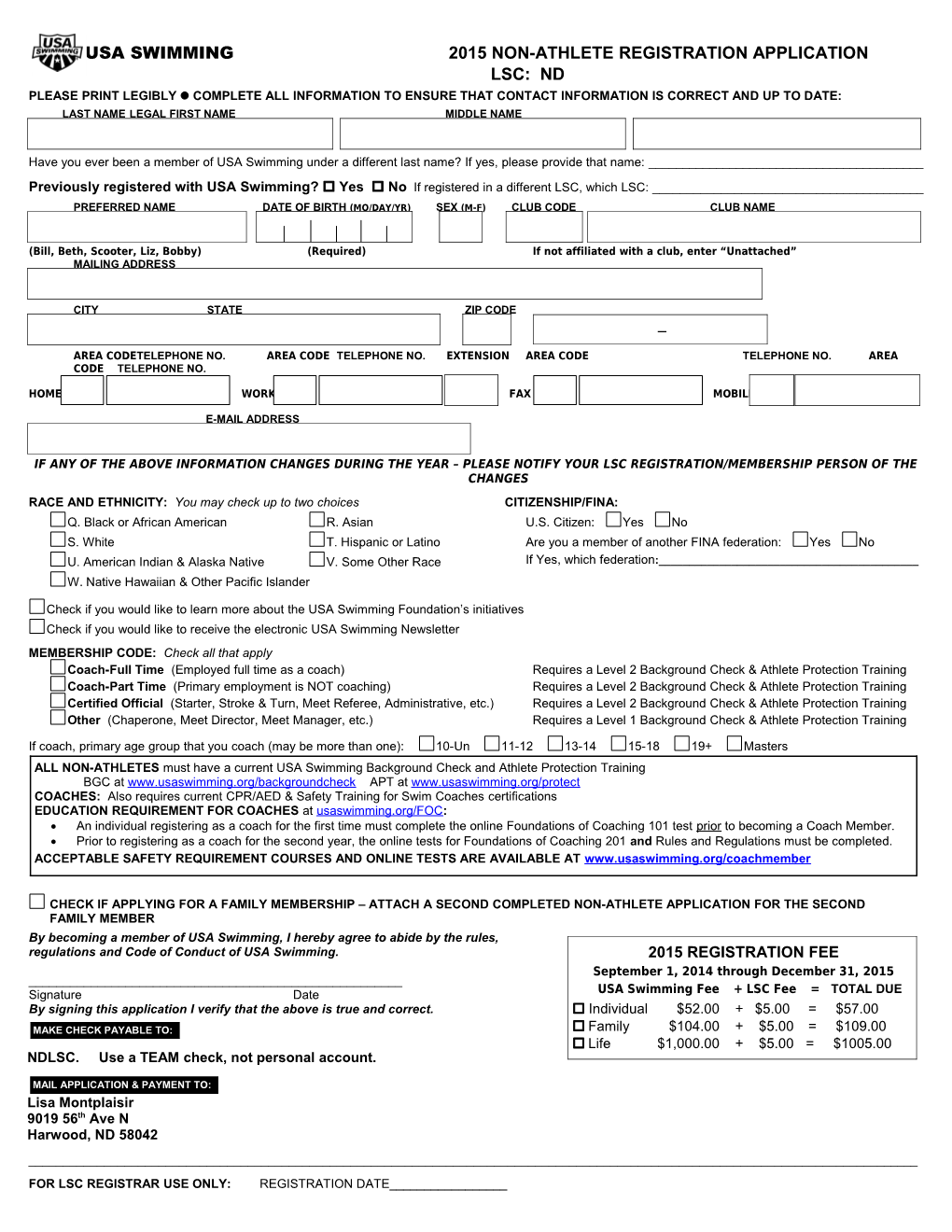 Usa Swimming2015 Non-Athlete Registration Application
