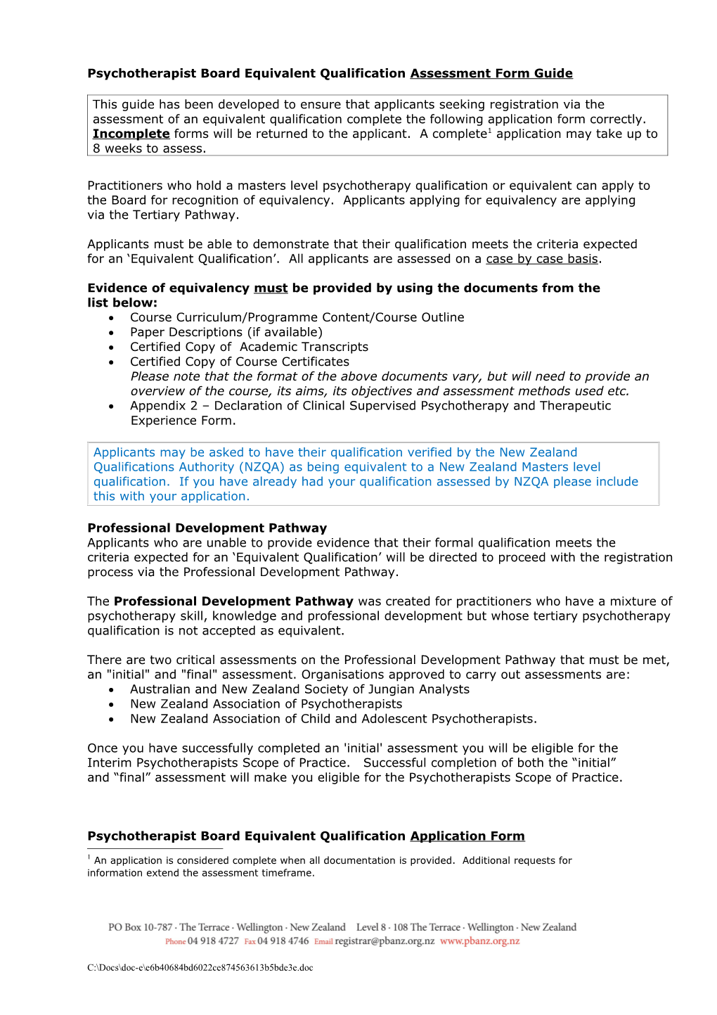 Psychotherapist Board Equivalent Qualification Assessment Form Guide